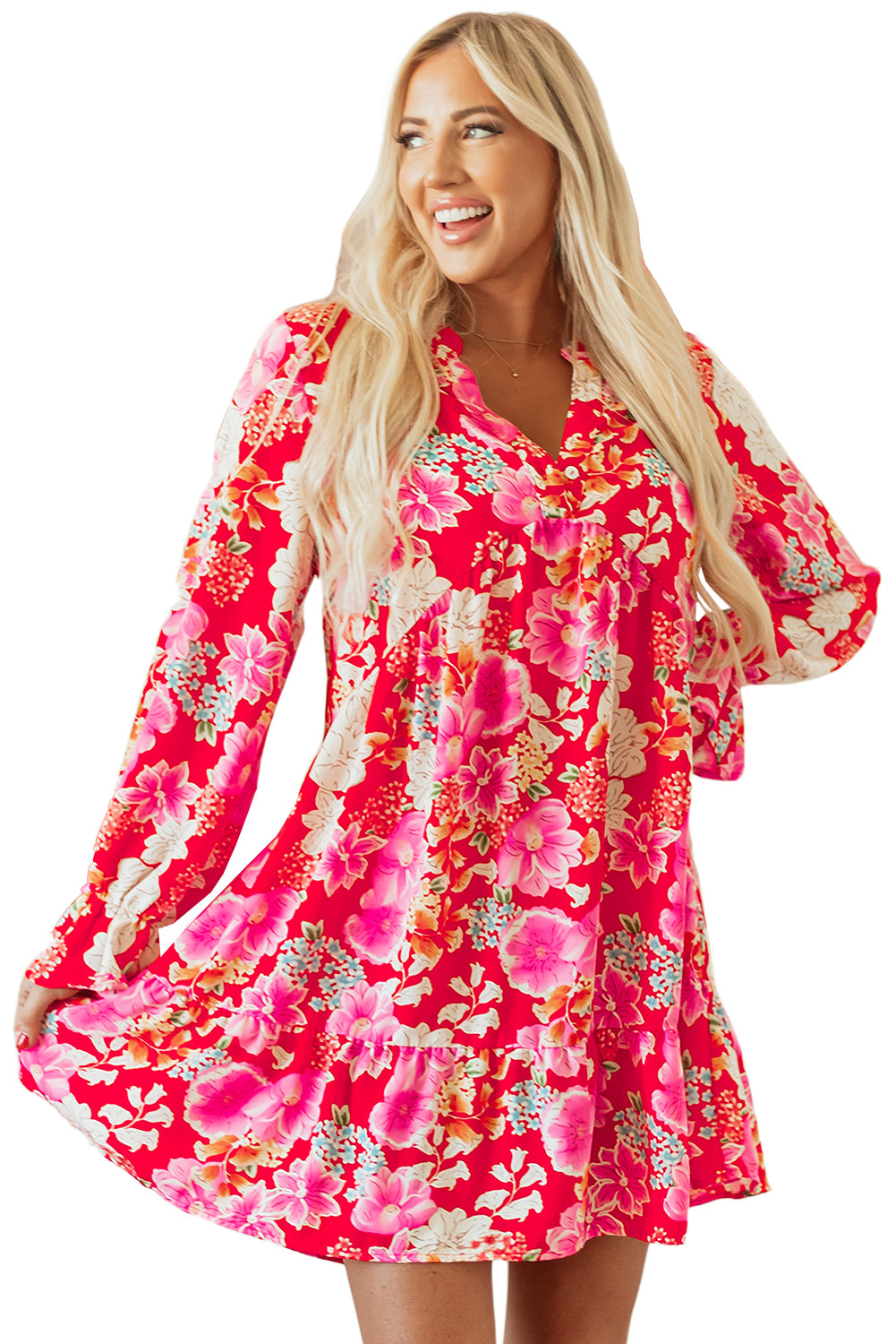 Floral Print High Waist V Neck Babydoll Mini Dress | Red