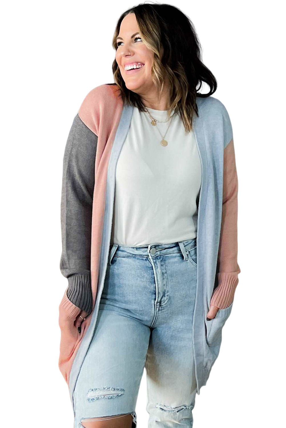 Plus Size Colourblock Pocketed Open Front Cardigan | Multicolour