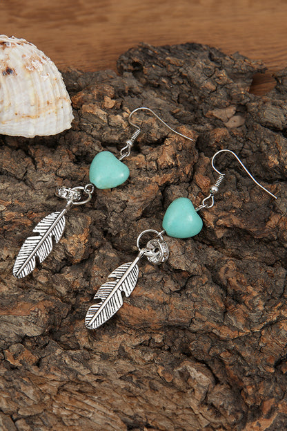 Silvery Turquoise Heart Shape Alloy Feather Drop Earrings