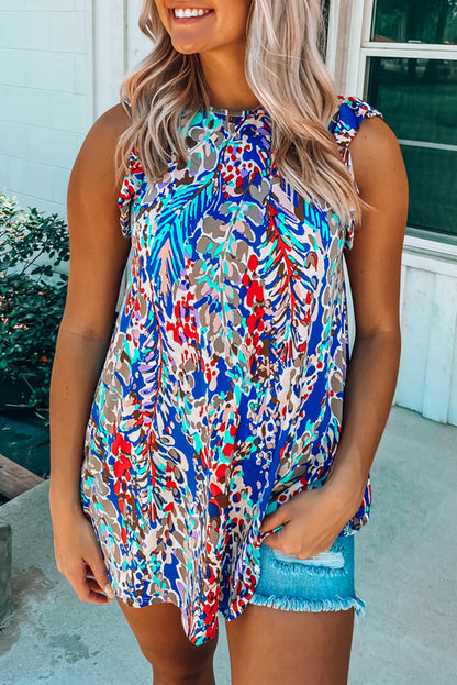 Floral Print Tank Top With Ruffles | Blue