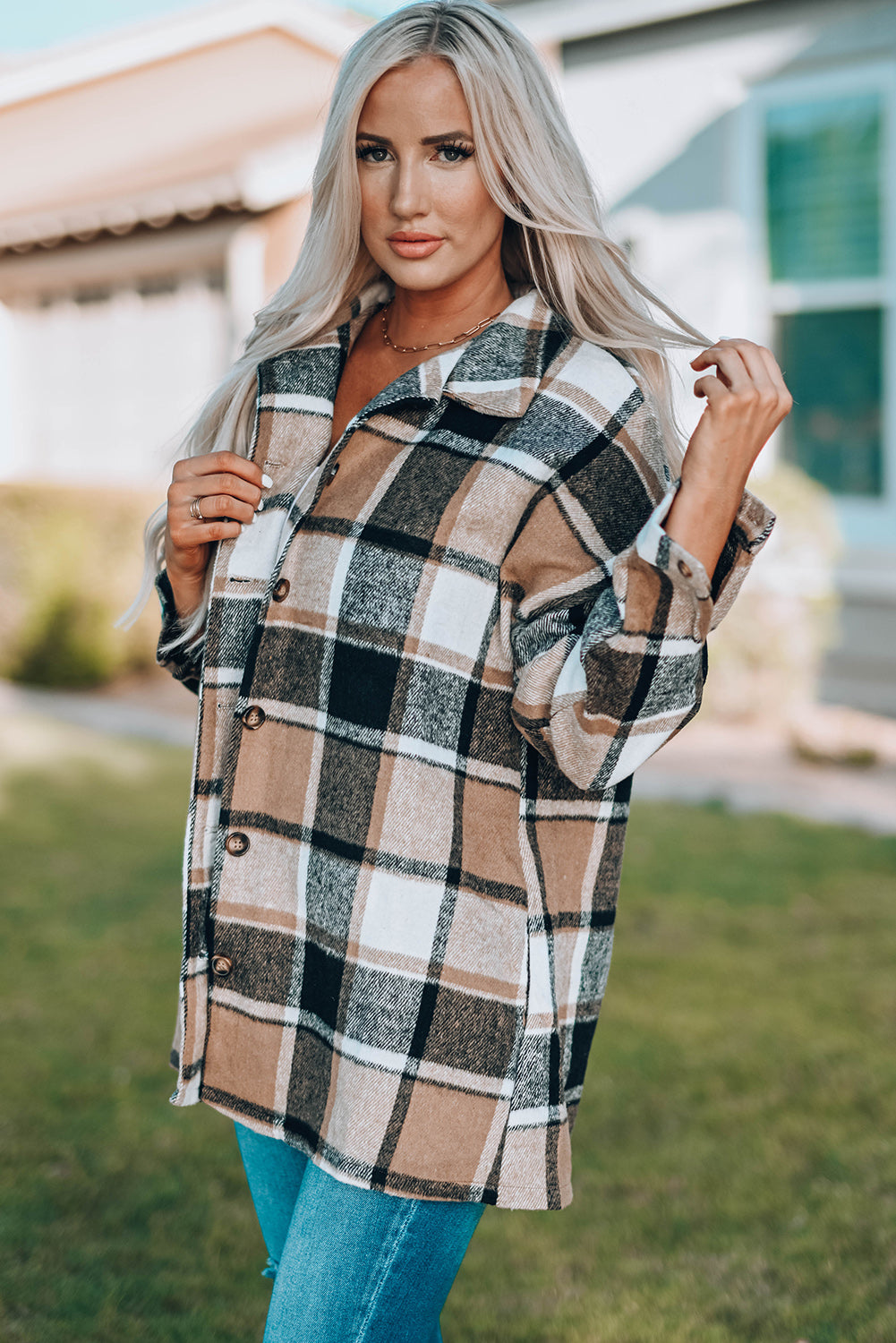 Plaid Print Buttoned Shirt Jacket | Yellow