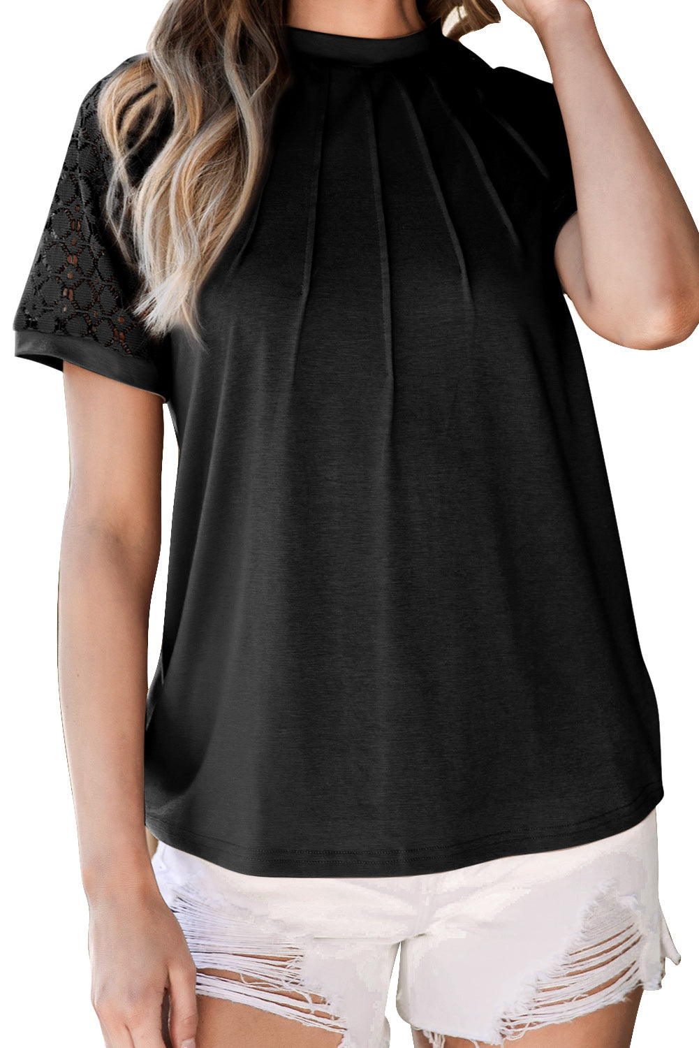 Seamed Detail Contrast Lace Raglan Sleeve Tee | Black