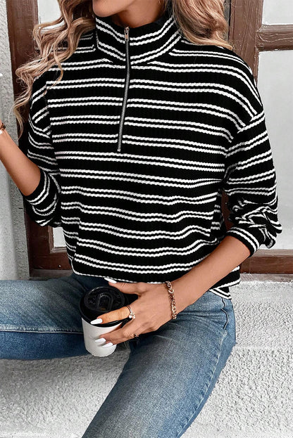 Textured Quarter Zip Collar Long Sleeve Top | Black Stripe