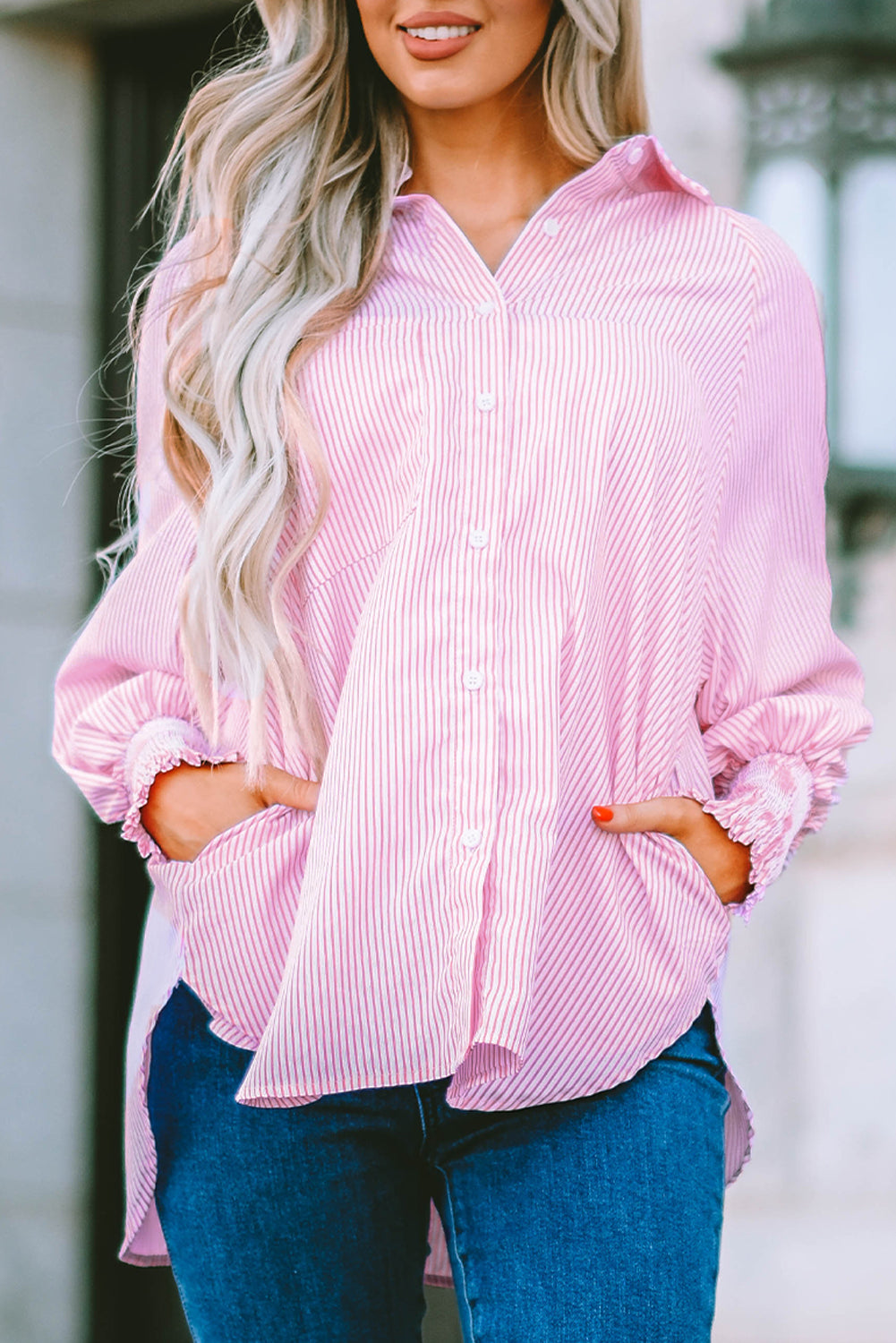 Smocked Cuffed Striped Boyfriend Shirt With Pocket | Pink