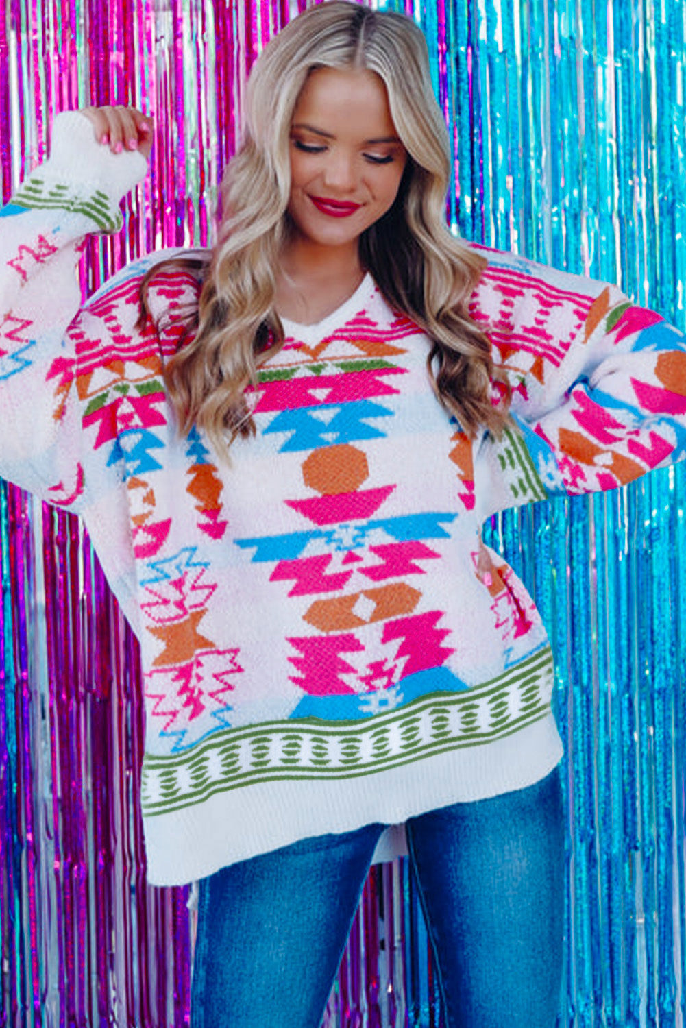 Oversize Aztec Print High Low V Neck Sweater | White