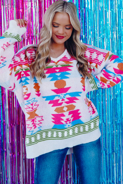 Oversize Aztec Print High Low V Neck Sweater | White