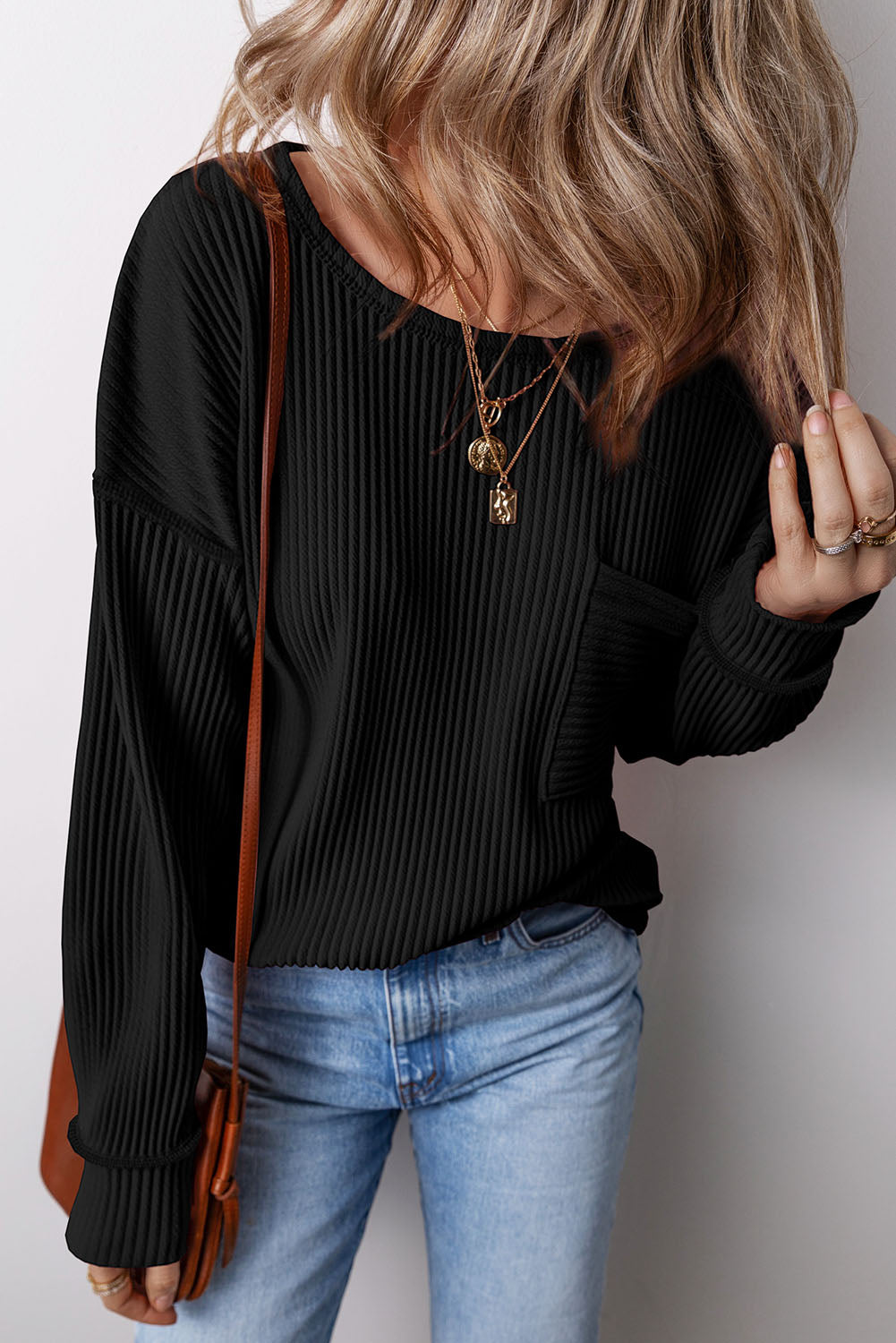 Solid Colour Corded Drop Shoulder Long Sleeve Top | Black