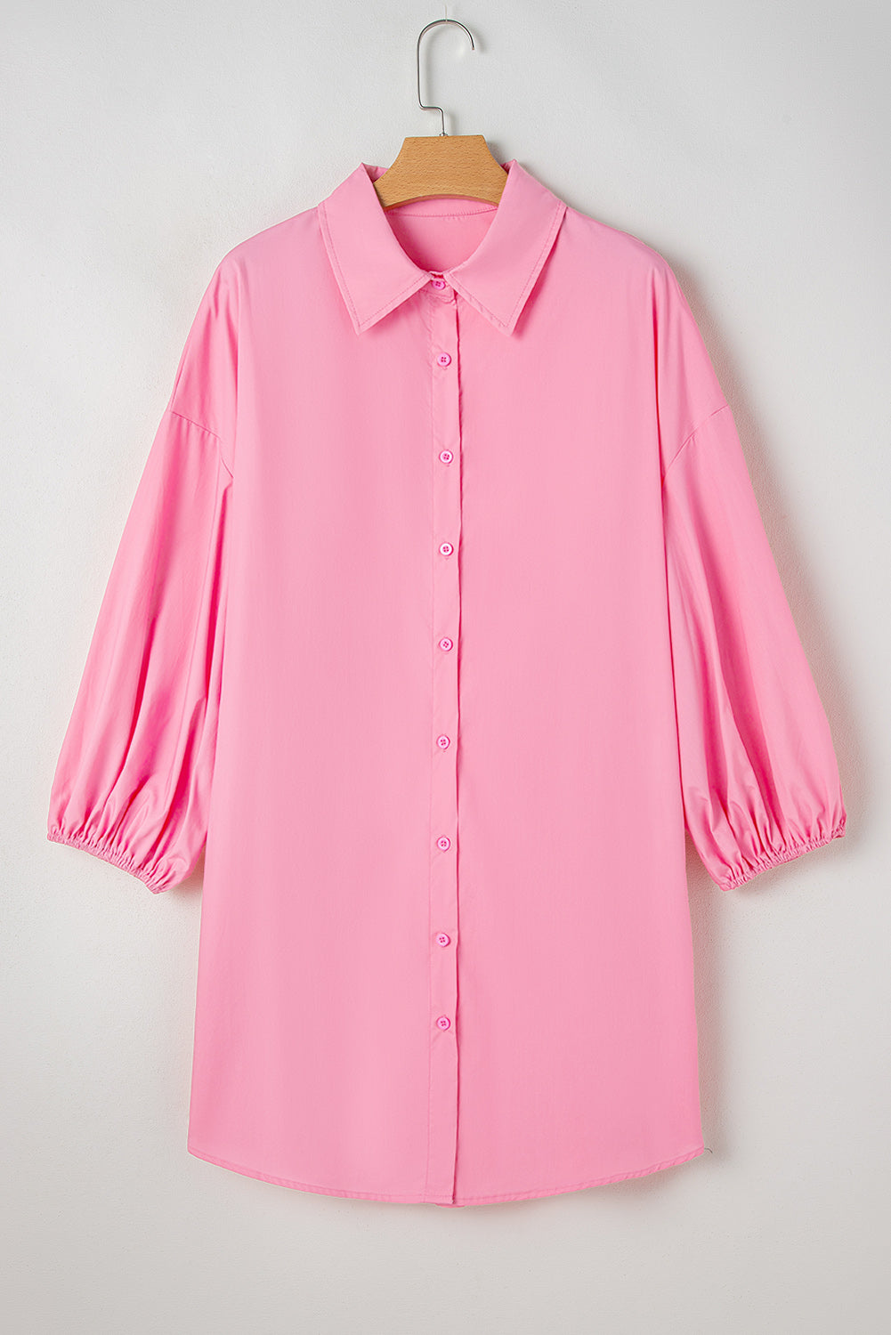 Balloon Sleeve Button Up Mini Shirt Dress | Bright Pink