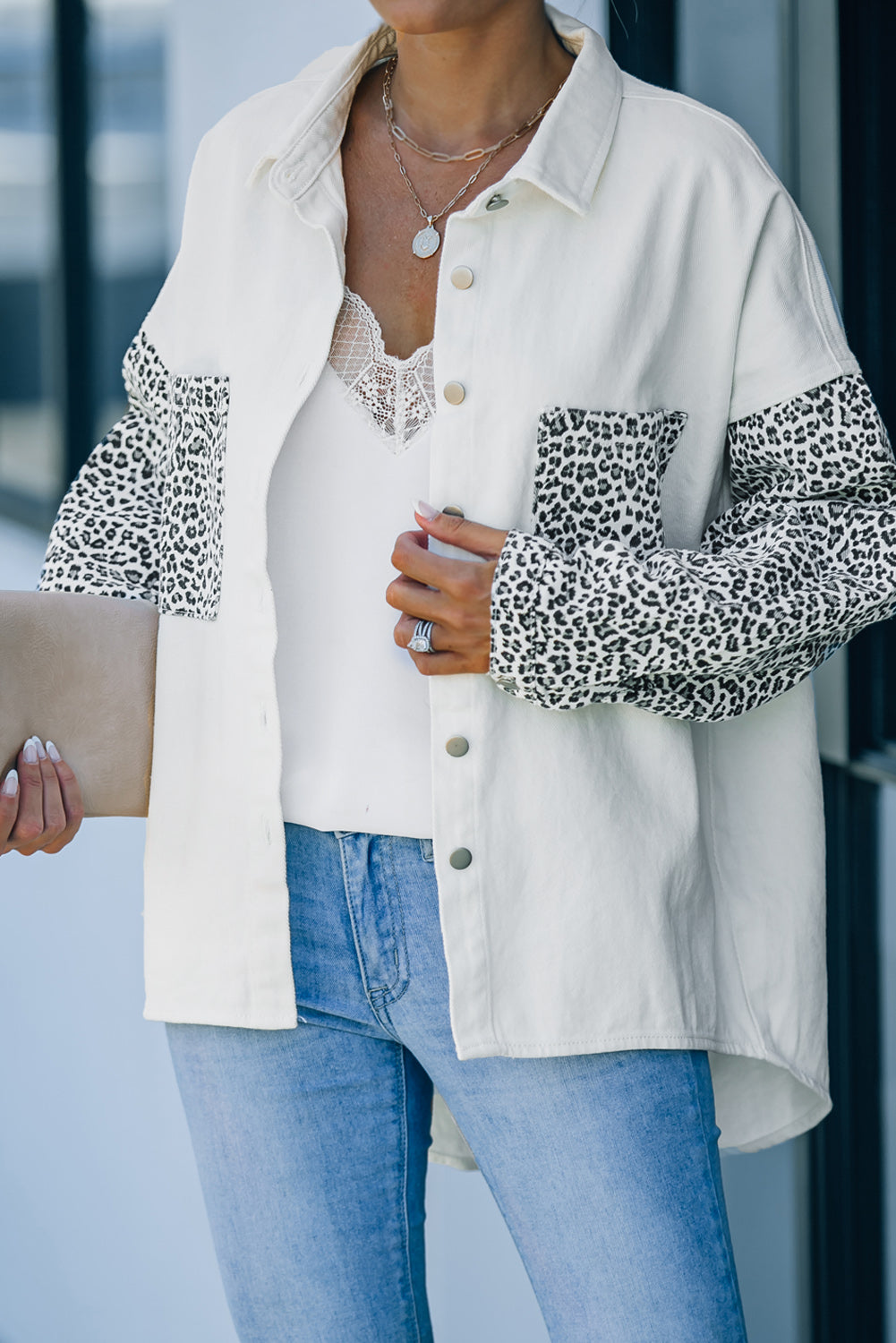 Contrast Leopard Denim Jacket | White