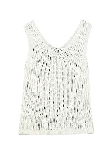 Hollowed Knit V Neck Tank Top | White