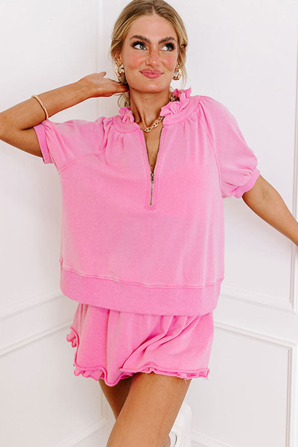 Half Zip Puff Sleeve Top And Ruffled Shorts Set | Pink