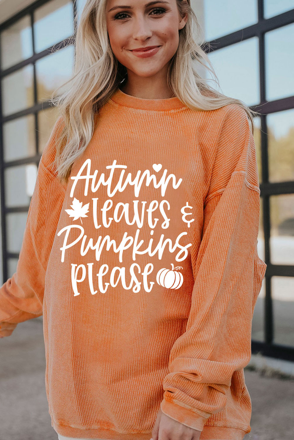 Autumn Leaves Pumpkins Please Ribbed Oversized Sweatshirt | Orange