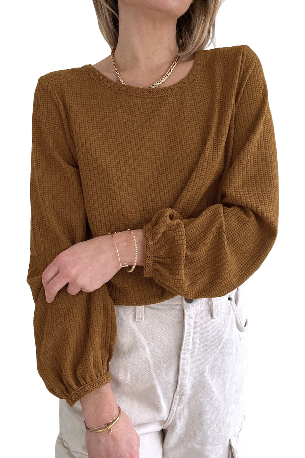 Textured Round Neck Puff Sleeve Top | Brown