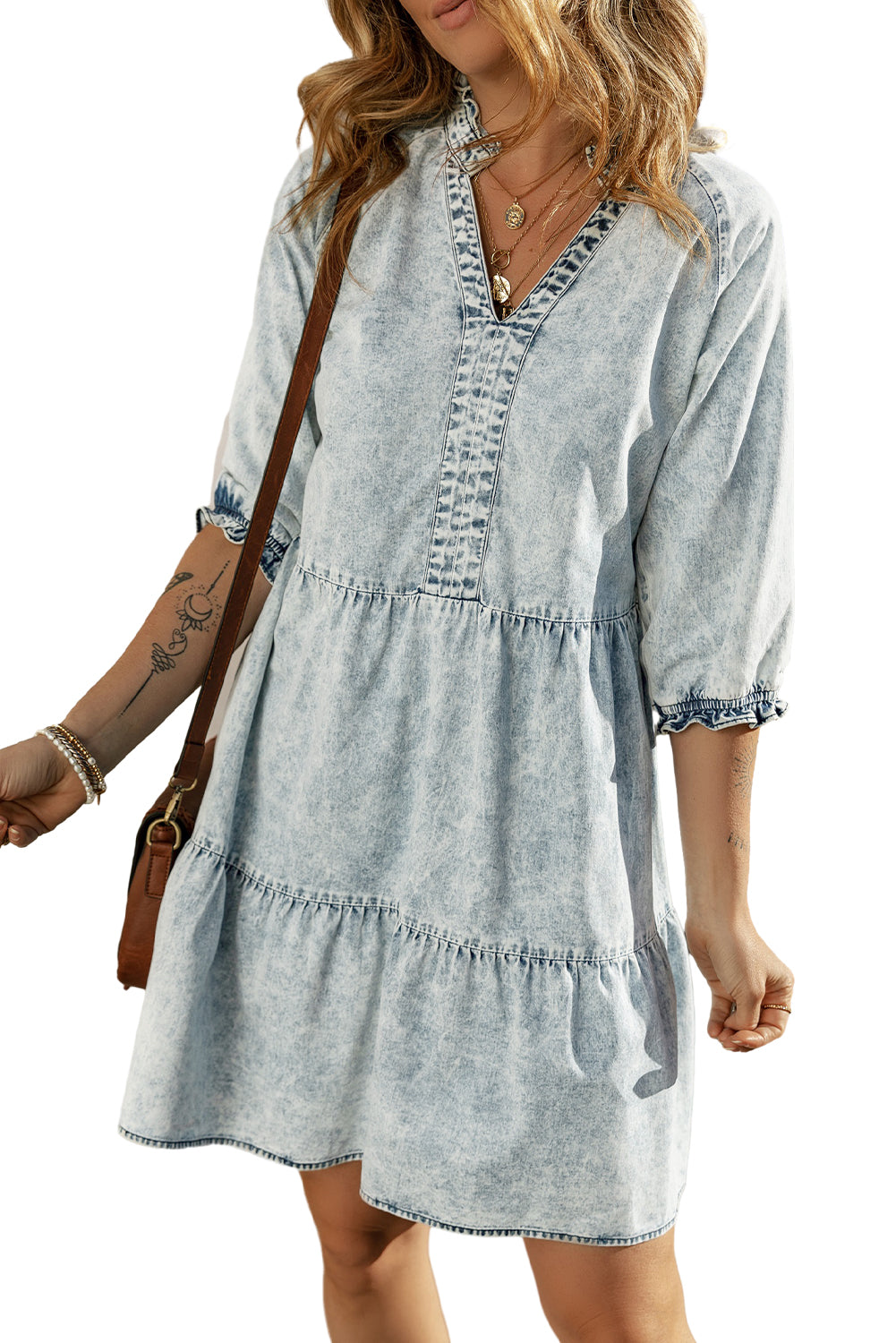 Acid Wash Retro Half Sleeve Flared Denim Dress | Dusk Blue