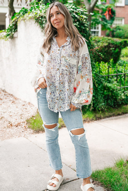 Boho Floral Bishop Sleeve Button Up Loose Shirt | Purple