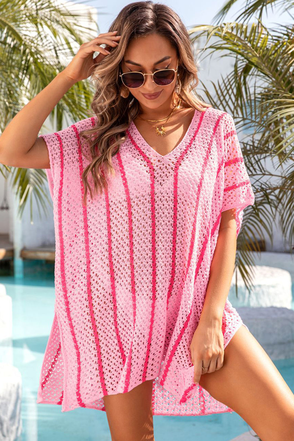 Striped Crochet Loose Fit V Neck Beach Cover Up | Pink