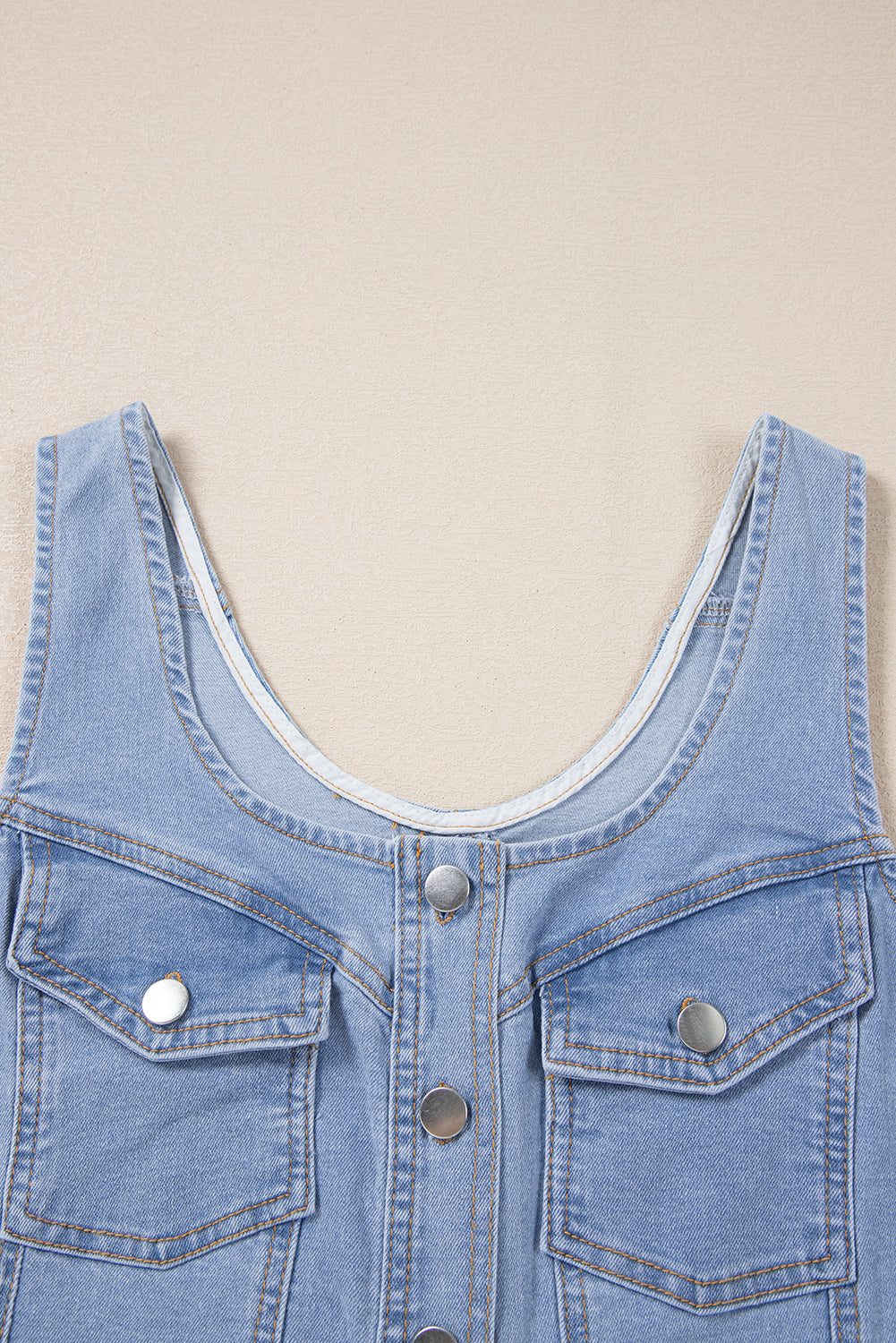 Light Wash Denim Buttoned Front Chest Pockets Sleeveless Slim Mini Dress | Beau Blue