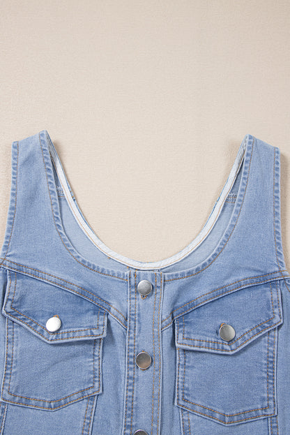 Light Wash Denim Buttoned Front Chest Pockets Sleeveless Slim Mini Dress | Beau Blue