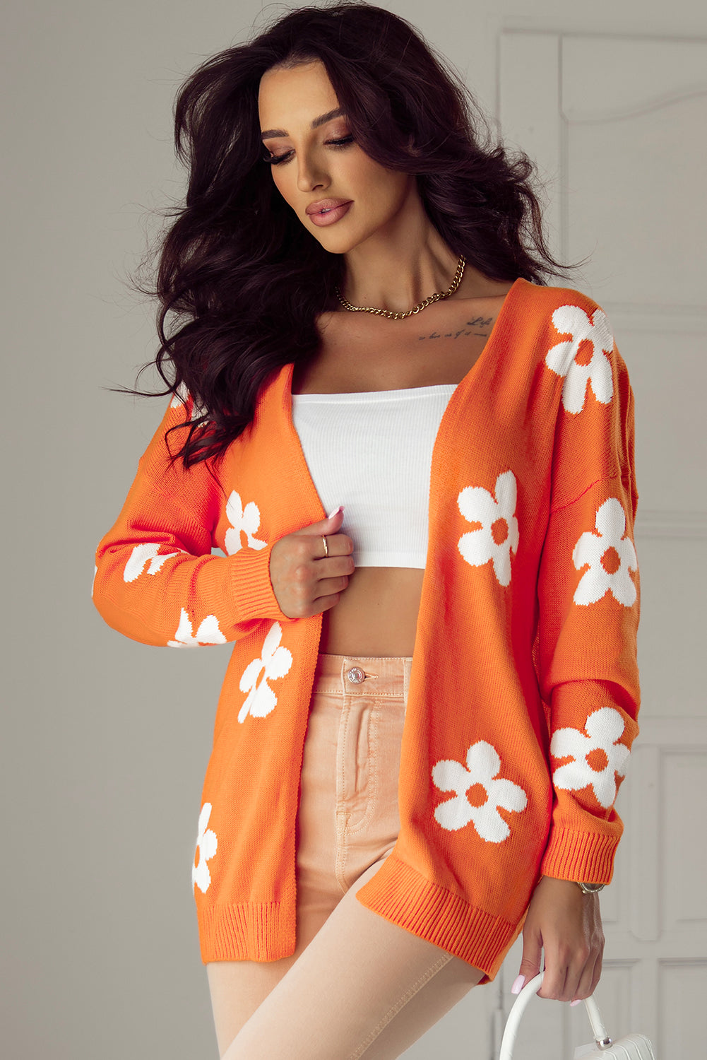 Floral Print Knitted Open Front Loose Cardigan | Orange