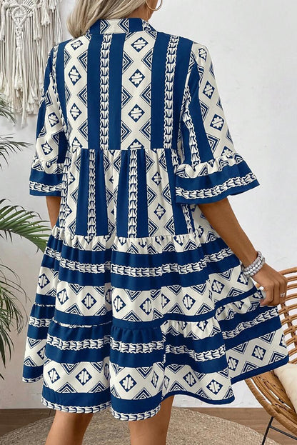 Geometric Print V Neck Ruffled Dress | Blue