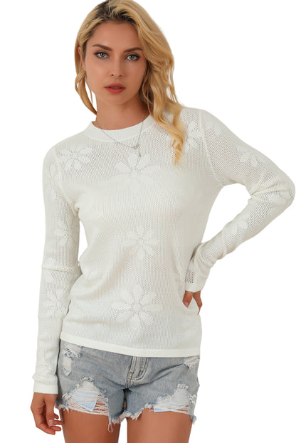 Flower Knit Long Sleeve Sweater | White