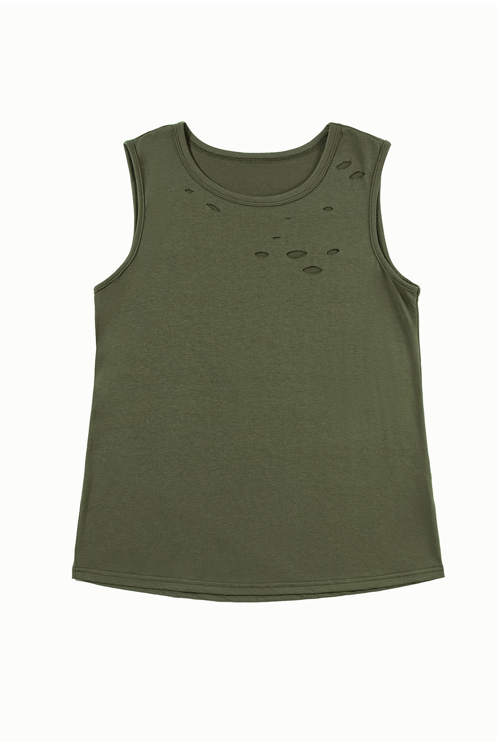 Solid Colour Distressed Holes Crew Neck Tank Top | Jungle Green