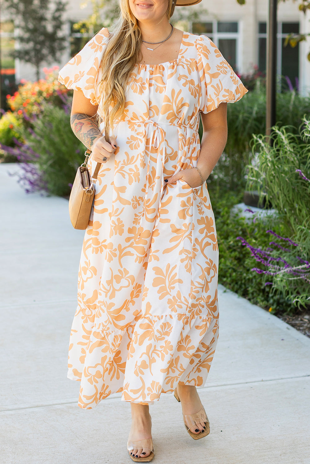 Floral Print Puff Short Sleeve Resort Plus Size Maxi Dress | Apricot