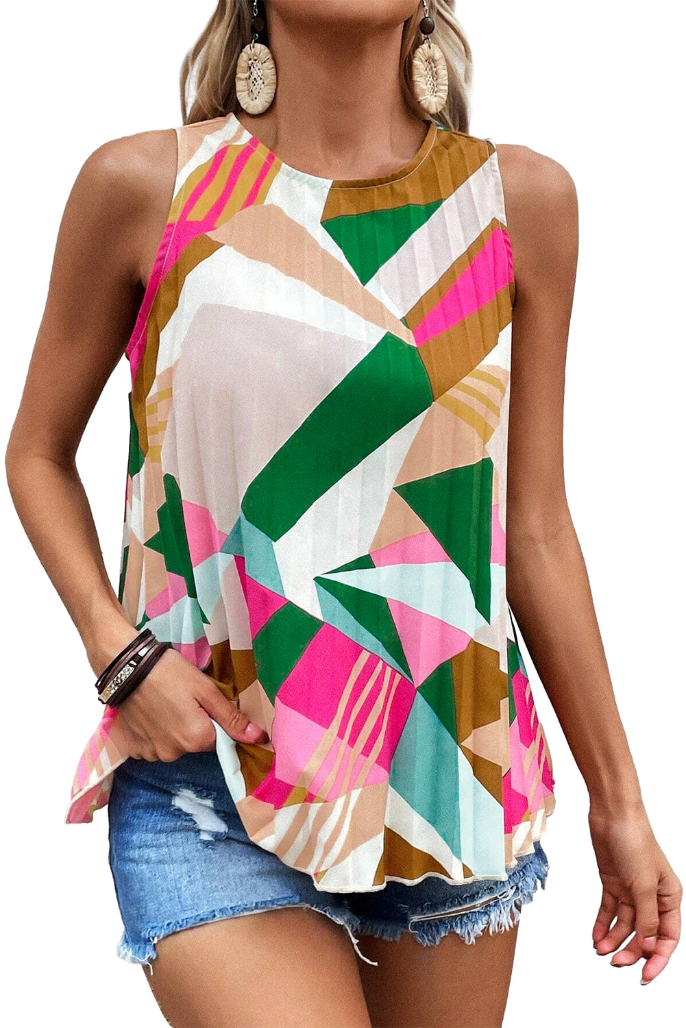 Geometric Printed Pleated Shift Tank Top | Multicolour