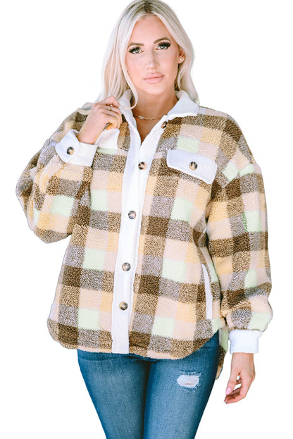 Plaid Sherpa Flap Pocket Shacket | Khaki