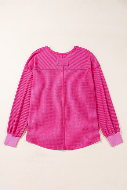 Waffle V Neck Long Sleeve Drop Shoulder Loose Blouse | Bright Pink