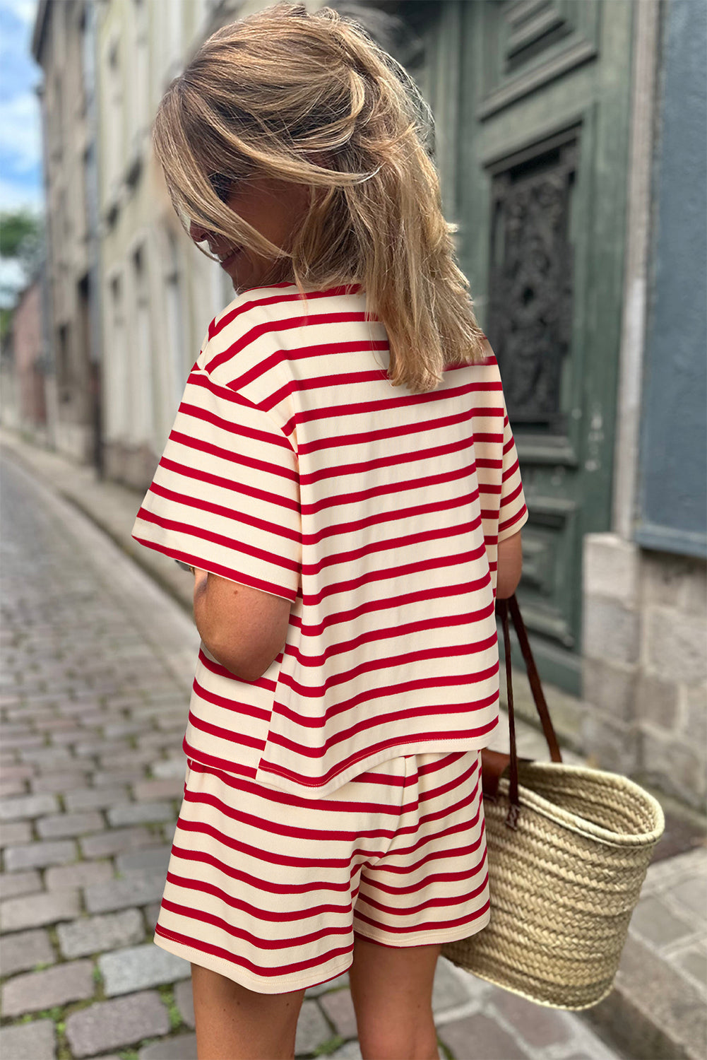 Lace-Up Front Top And High Waist Shorts Set | Red Stripe