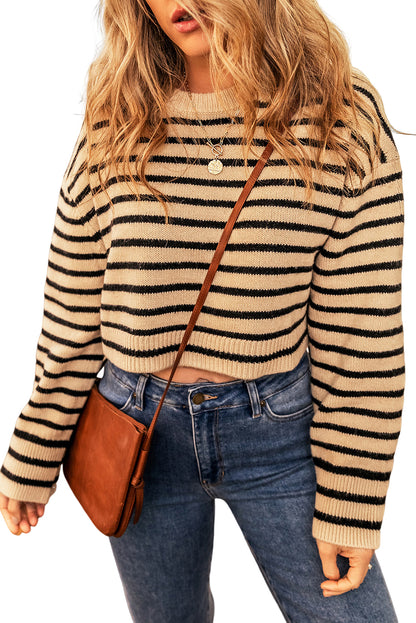 Striped Knit Drop Shoulder Crewneck Cropped Sweater | Light French Beige