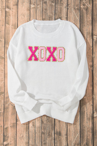 Xoxo Glitter Print Round Neck Casual Sweater | White