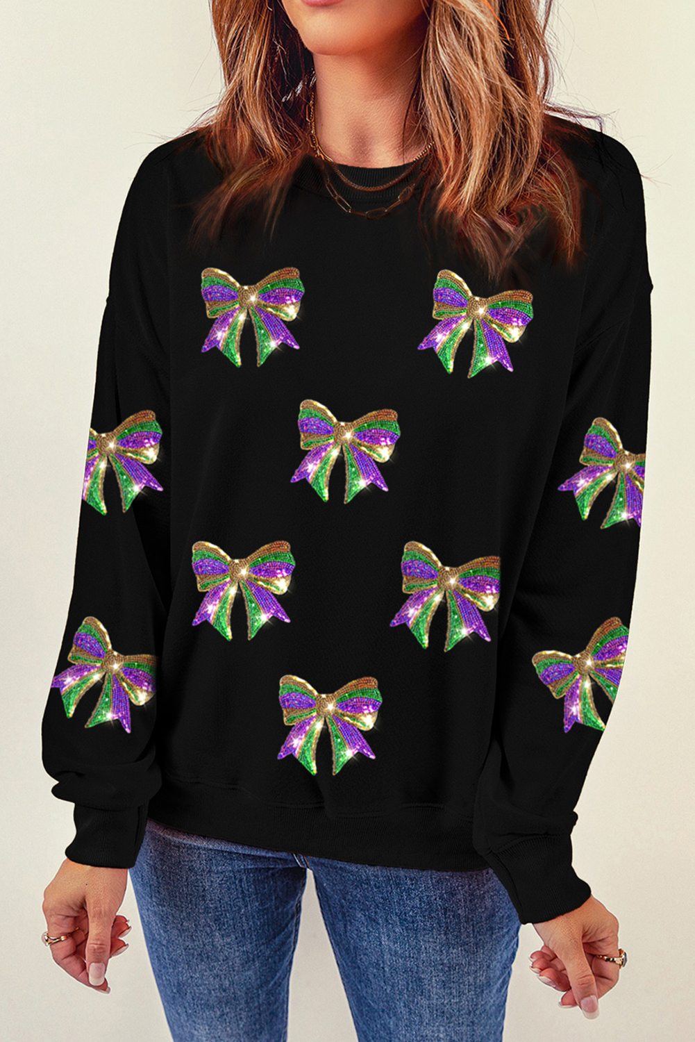 Sequin Mardi Gras Bow Graphic Drop Shoulder Pullover Sweatshirt | Black