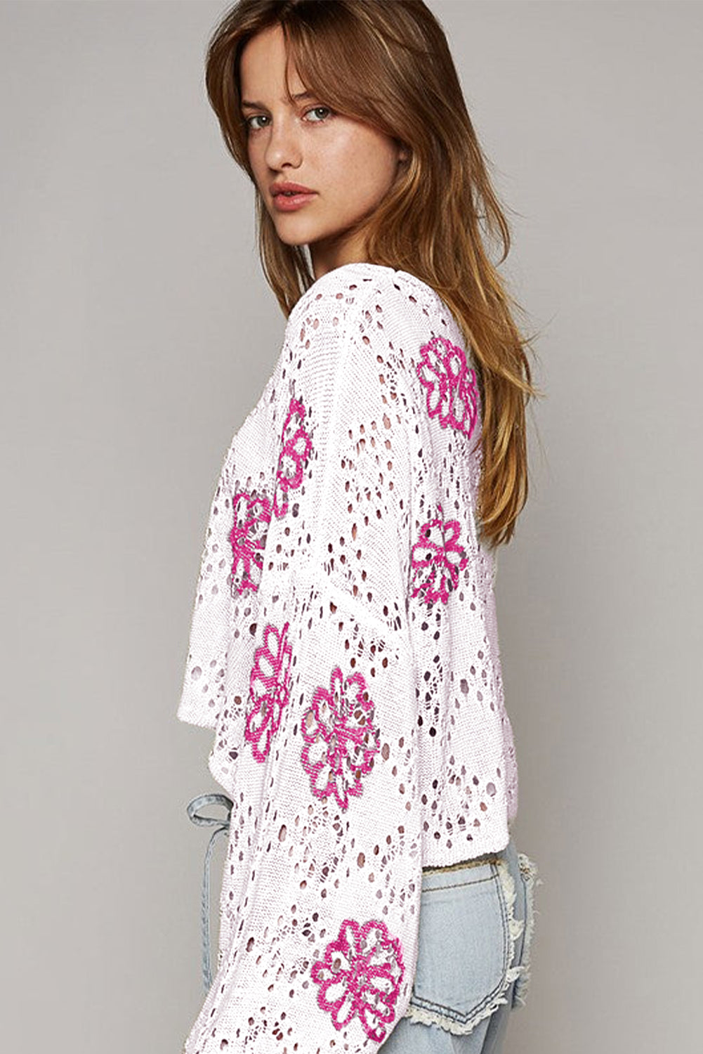 Contrast Flower Print Eyelet Drop Shoulder Sweater | White