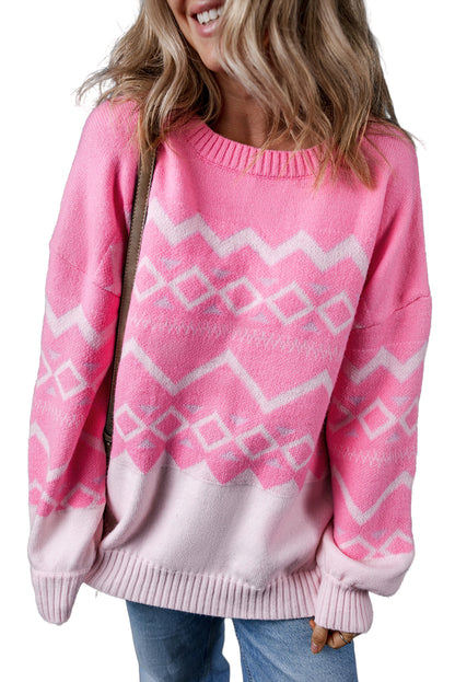 Western Aztec Geometric Drop Shoulder Sweater | Pink