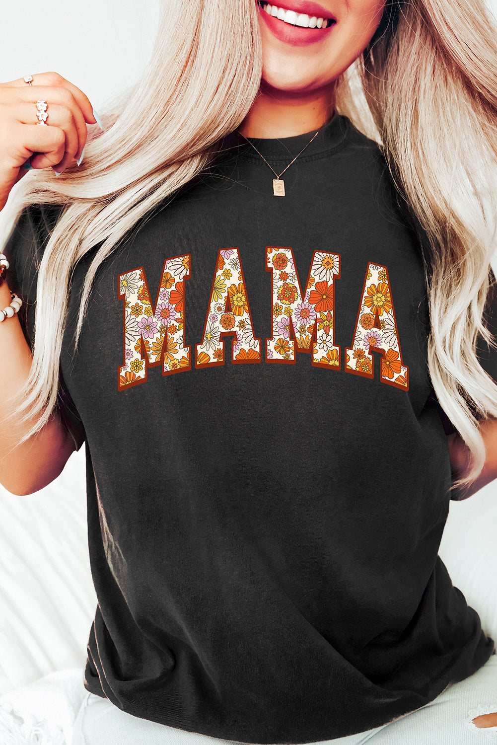 Black Flower Printed MAMA Letter Graphic T-shirt