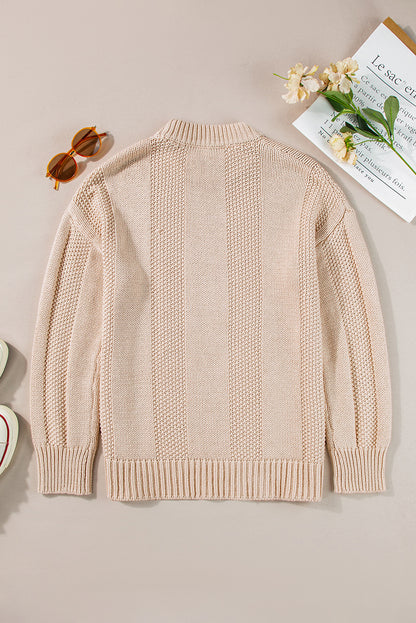 Solid Colour Cable Knit Ribbed Loose Sweater | Pale Khaki