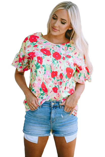 Fiery  Floral Print Ruffled Short Sleeve V Neck Blouse | Red