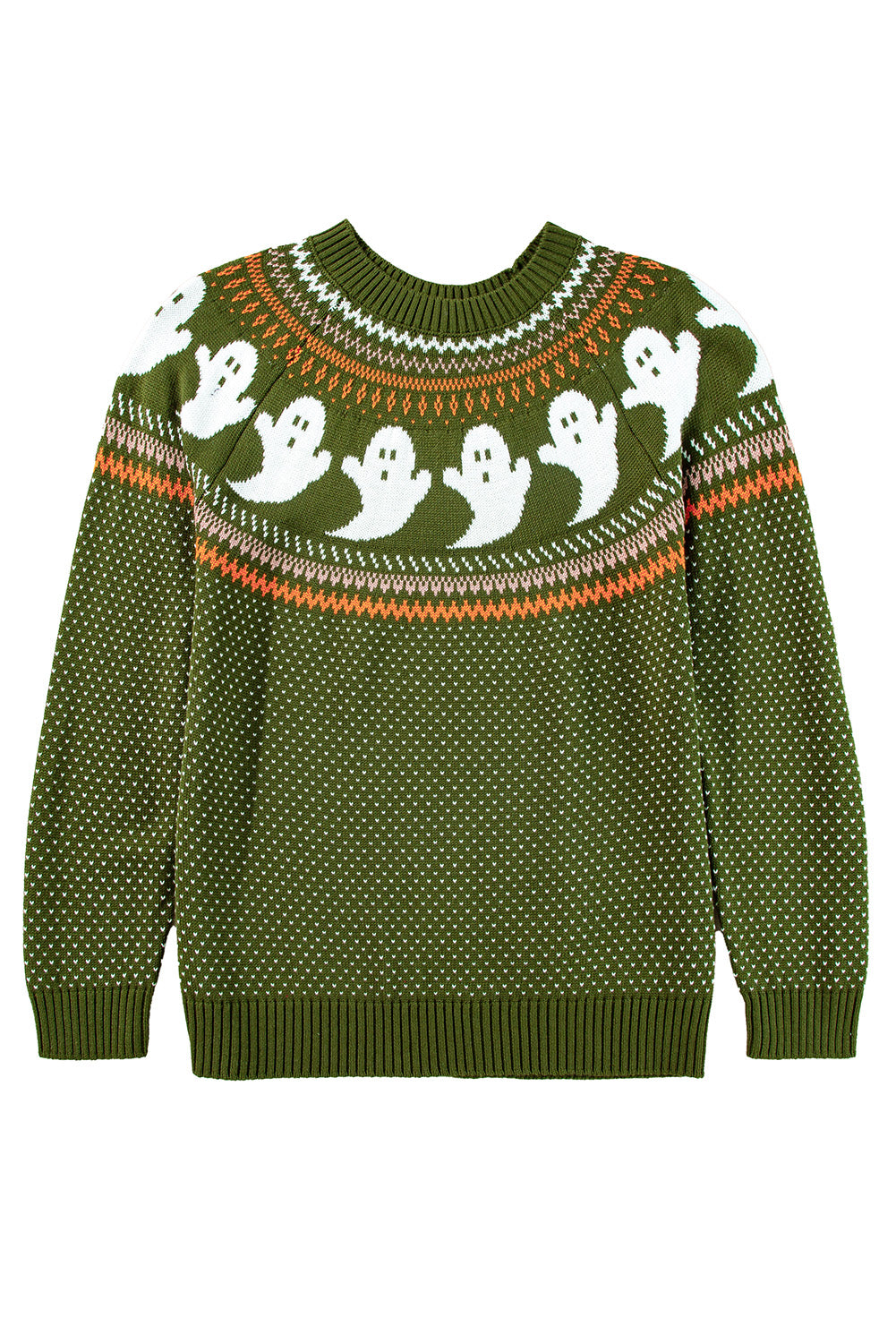 Halloween Ghost Pattern Drop Shoulder Sweater | Jungle Green