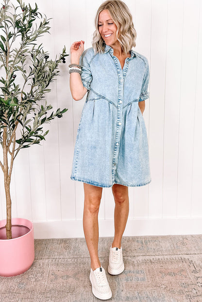 Mineral Wash Ruffled Short Sleeve Buttoned Denim Dress | Beau Blue