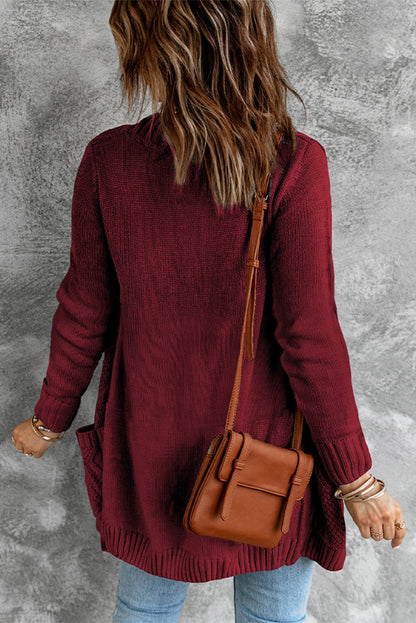 Burgundy Front Pocket And Buttons Closure Cardigan | Red