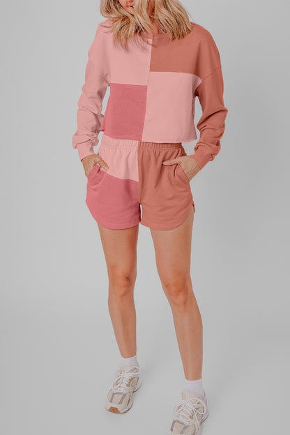 Colourblock Patchwork Long Sleeve Shorts Outfit | Peach Blossom