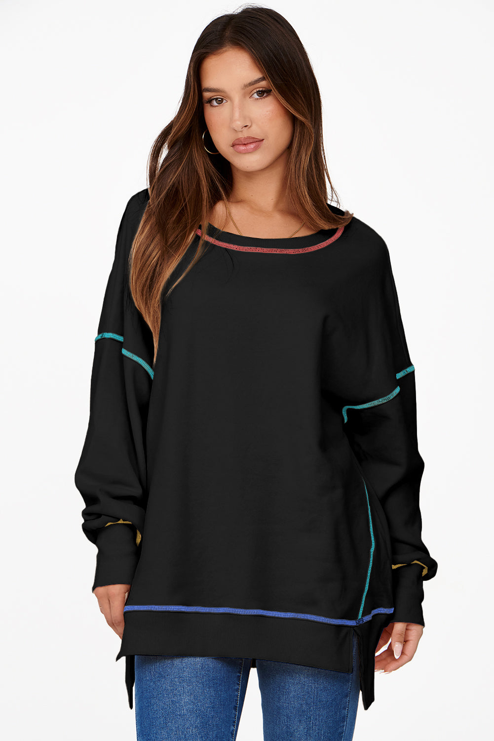 Contrast Stitching Split Baggy Sweatshirt | Black