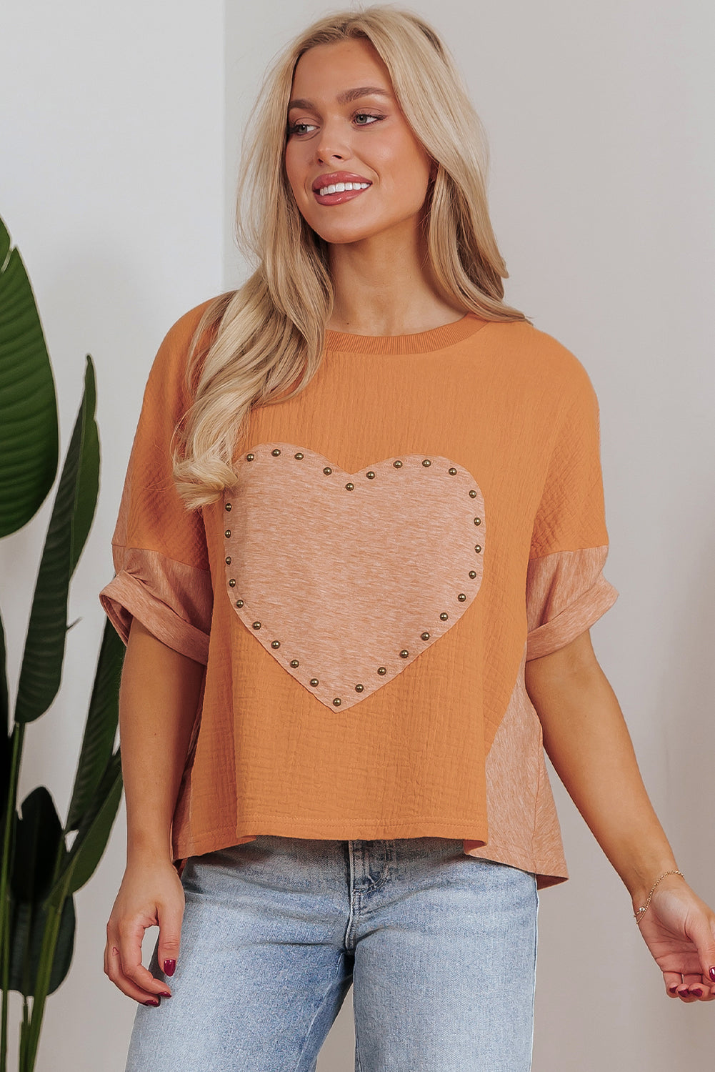 Stud Heart Patch Textured Front Dolman Top | Desert Gold