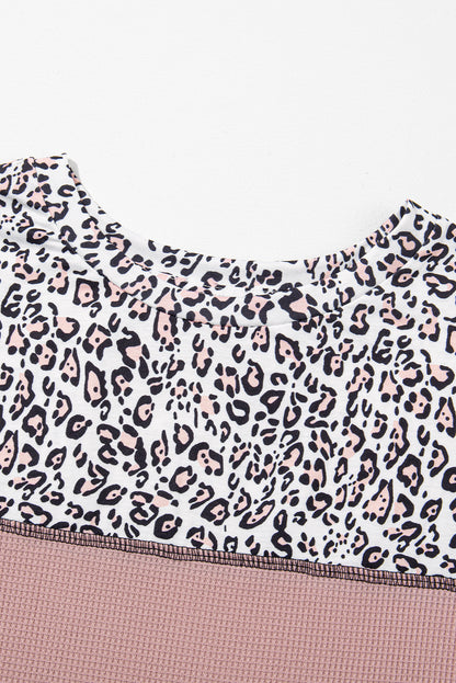 Leopard Print Waffle Knit Patchwork Top | Light Pink