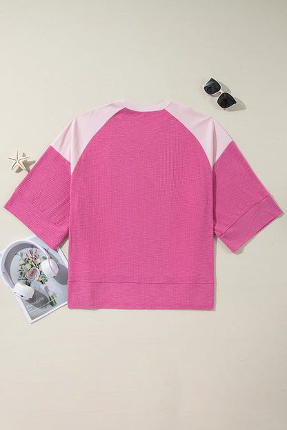 Textured Colourblock 3/4 Sleeve Oversize Top | Bright Pink