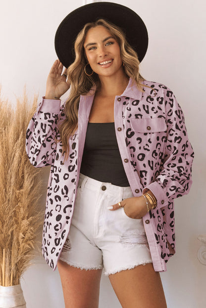 Collared Neckline Flap Pockets Leopard Corduroy Jacket | Pink