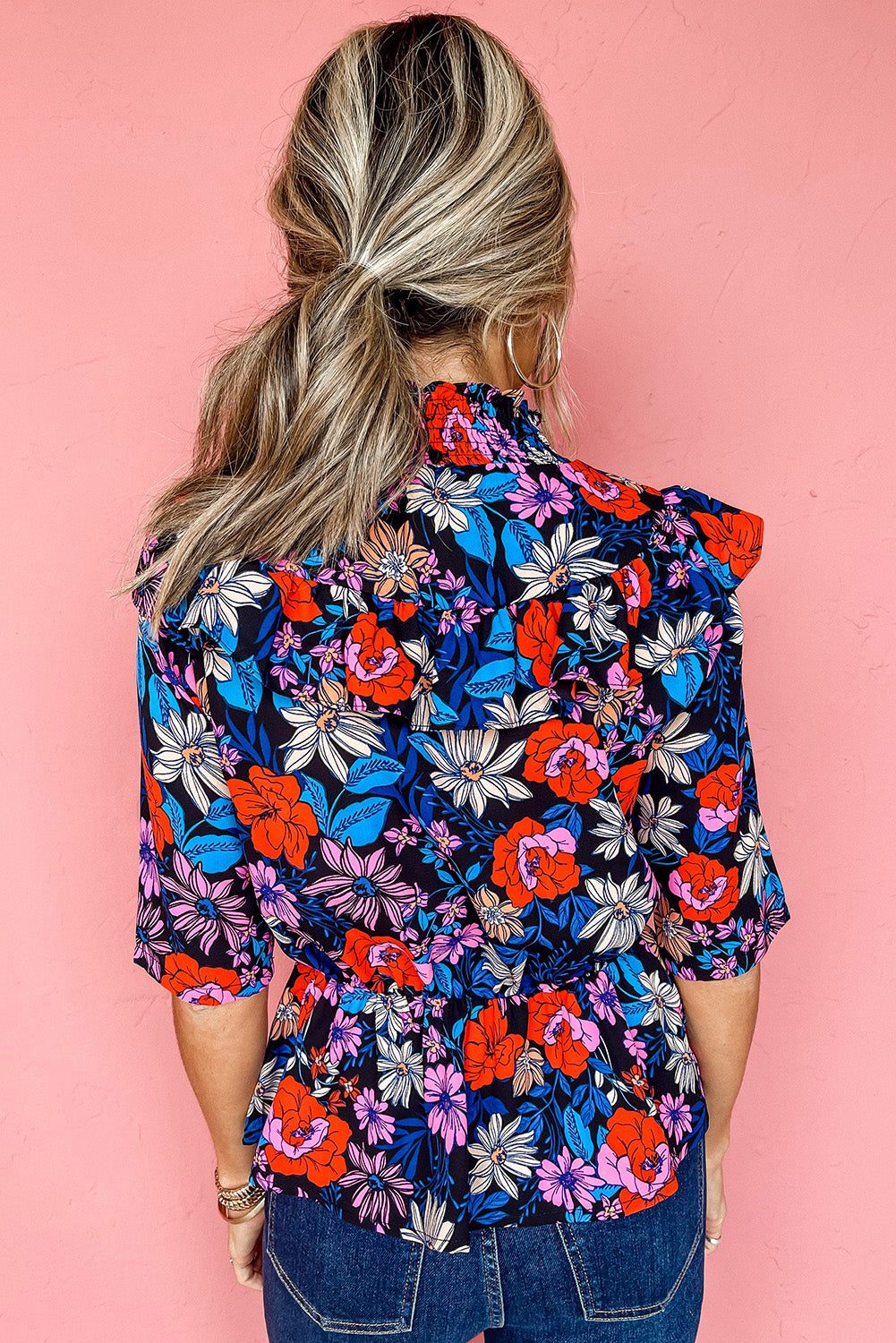 Floral Print Ruffle Peplum Top | Blue