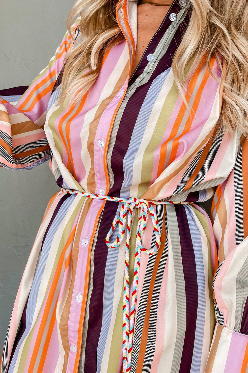 Multicolour Striped Cuffed Sleeve Tassel Tied Shirt Maxi Dress | White